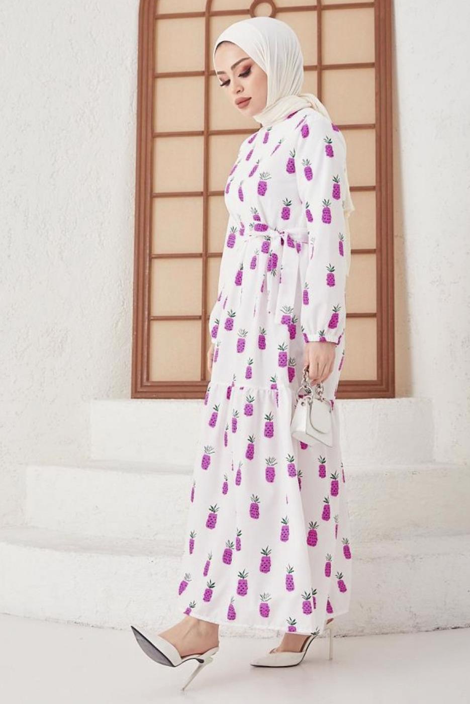 Tesettür giyim MOR ANANAS DESENLİ KUŞAKLI ELBİSE T 714