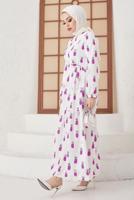 Tesettür giyim MOR ANANAS DESENLİ KUŞAKLI ELBİSE T 714