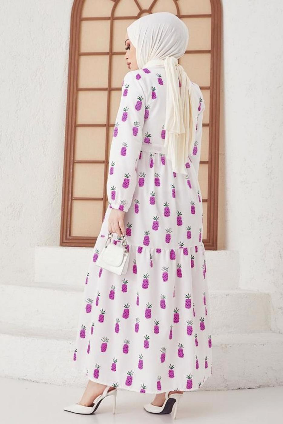 Tesettür giyim MOR ANANAS DESENLİ KUŞAKLI ELBİSE T 714