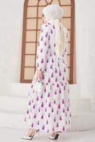 Tesettür giyim MOR ANANAS DESENLİ KUŞAKLI ELBİSE T 714