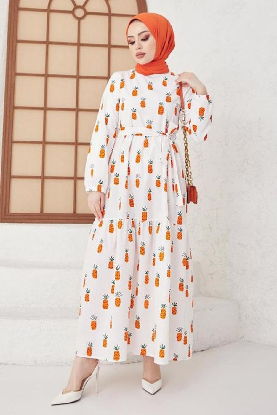 Tesettür giyim TURUNCU ANANAS DESENLİ KUŞAKLI ELBİSE T 714
