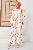 Tesettür giyim TURUNCU ANANAS DESENLİ KUŞAKLI ELBİSE T 714