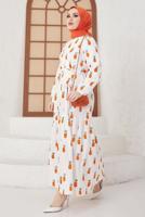 Tesettür giyim TURUNCU ANANAS DESENLİ KUŞAKLI ELBİSE T 714