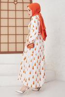 Tesettür giyim TURUNCU ANANAS DESENLİ KUŞAKLI ELBİSE T 714