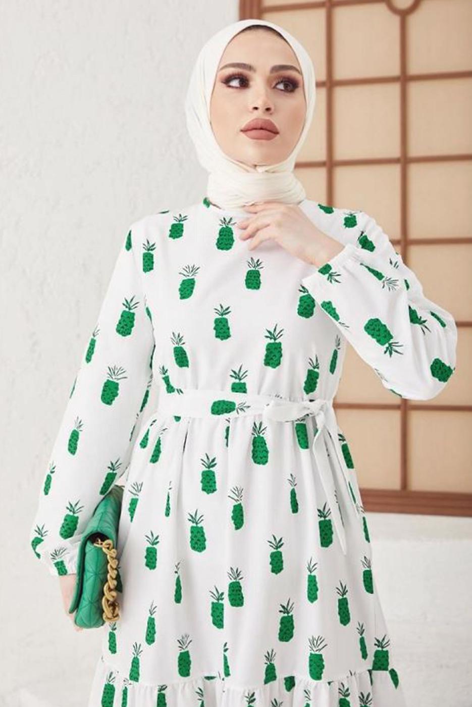 Tesettür giyim YEŞİL ANANAS DESENLİ KUŞAKLI ELBİSE T 714