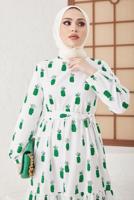 Tesettür giyim YEŞİL ANANAS DESENLİ KUŞAKLI ELBİSE T 714