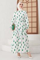 Tesettür giyim YEŞİL ANANAS DESENLİ KUŞAKLI ELBİSE T 714