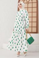 Tesettür giyim YEŞİL ANANAS DESENLİ KUŞAKLI ELBİSE T 714
