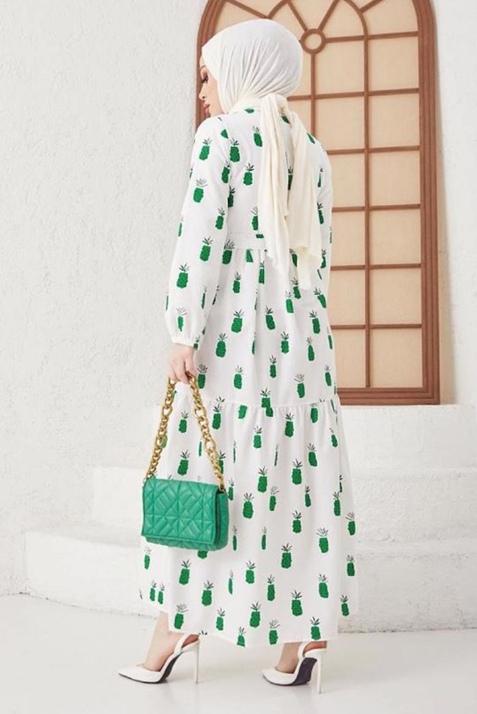 Tesettür giyim YEŞİL ANANAS DESENLİ KUŞAKLI ELBİSE T 714