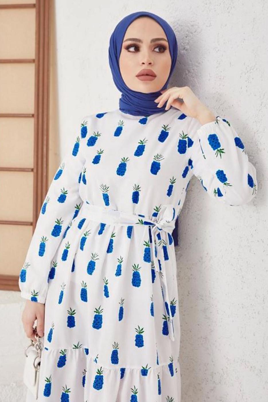 Tesettür giyim LACİVERT ANANAS DESENLİ KUŞAKLI ELBİSE T 714