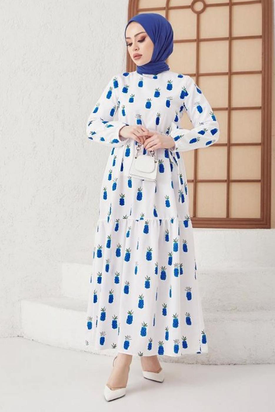 Tesettür giyim LACİVERT ANANAS DESENLİ KUŞAKLI ELBİSE T 714