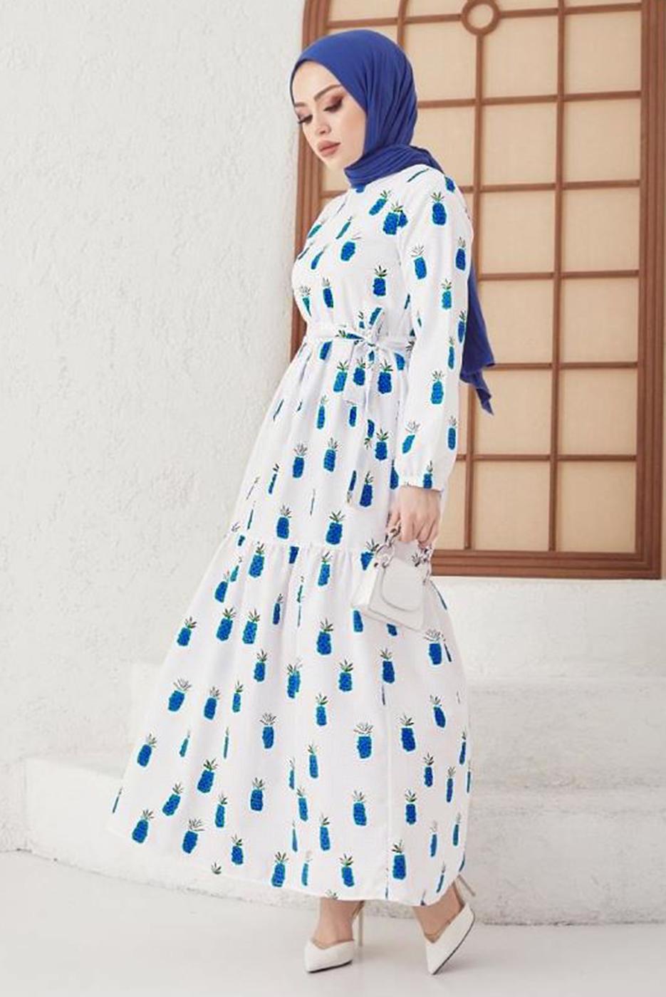 Tesettür giyim LACİVERT ANANAS DESENLİ KUŞAKLI ELBİSE T 714