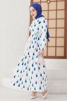 Tesettür giyim LACİVERT ANANAS DESENLİ KUŞAKLI ELBİSE T 714