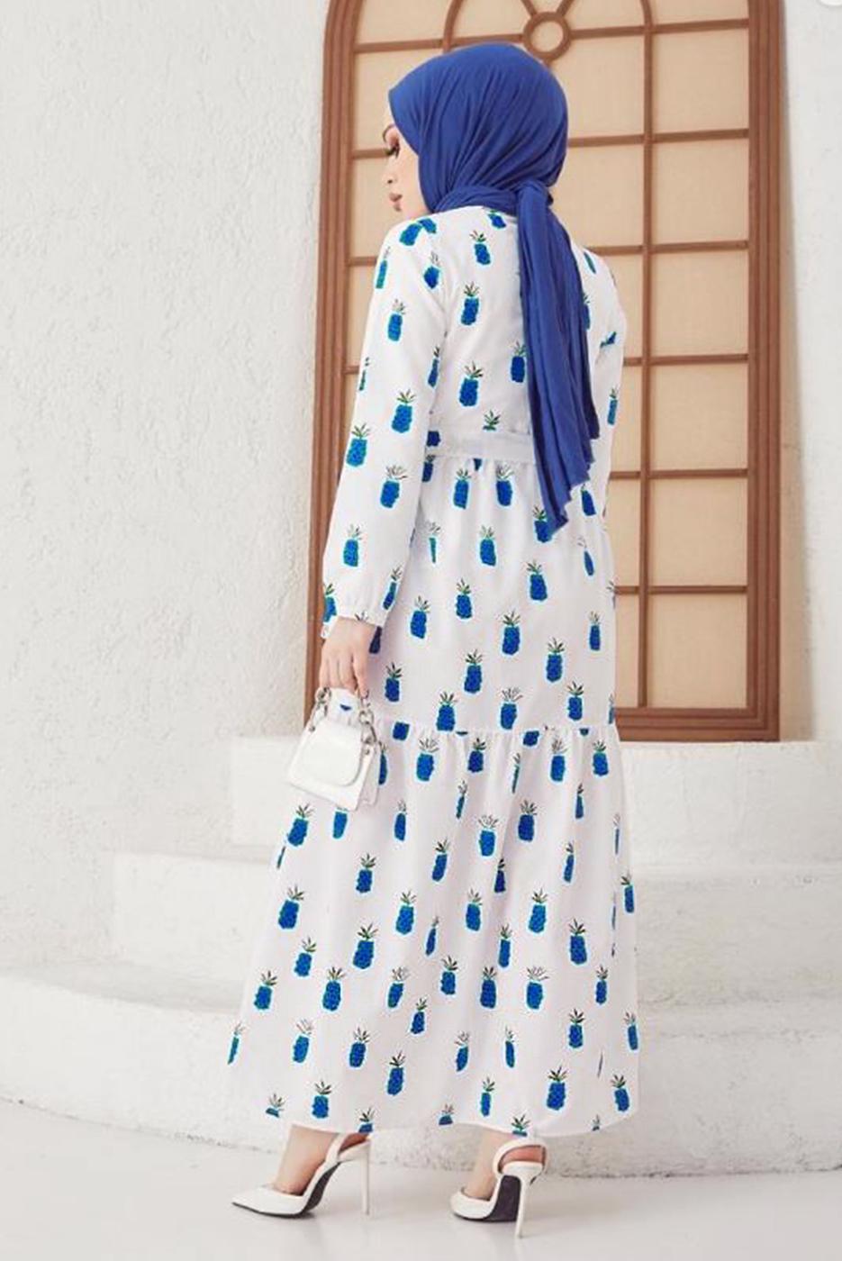 Tesettür giyim LACİVERT ANANAS DESENLİ KUŞAKLI ELBİSE T 714
