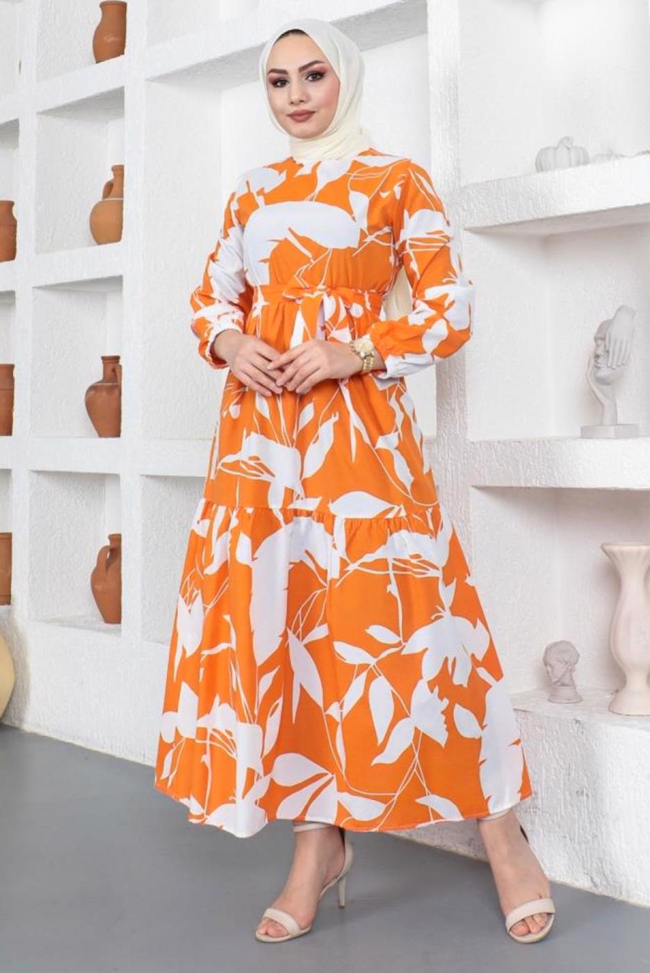 Tesettür giyim TURUNCU ÇİÇEK DESENLİ KUŞAKLI ELBİSE T 734