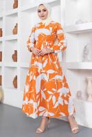 Tesettür giyim TURUNCU ÇİÇEK DESENLİ KUŞAKLI ELBİSE T 734
