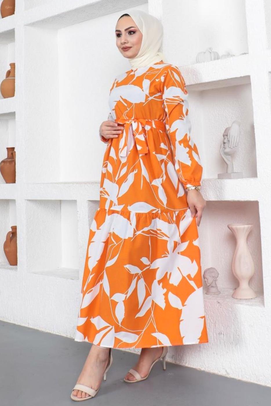 Tesettür giyim TURUNCU ÇİÇEK DESENLİ KUŞAKLI ELBİSE T 734