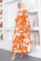 Tesettür giyim TURUNCU ÇİÇEK DESENLİ KUŞAKLI ELBİSE T 734