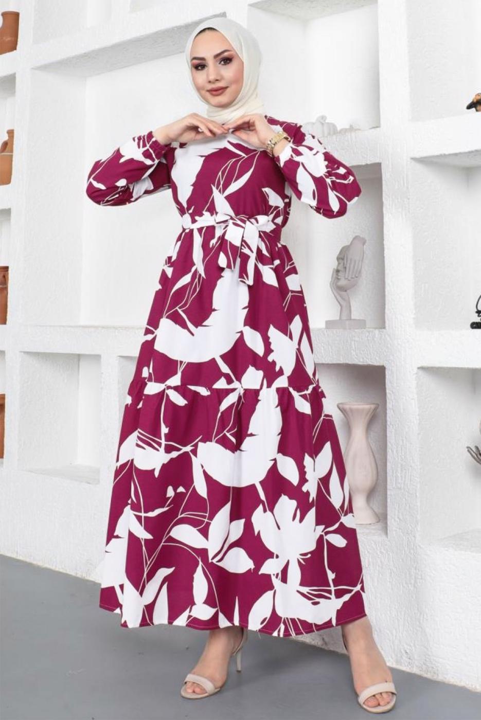 Tesettür giyim BORDO ÇİÇEK DESENLİ KUŞAKLI ELBİSE T 734