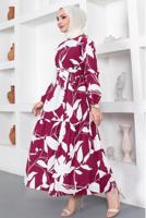 Tesettür giyim BORDO ÇİÇEK DESENLİ KUŞAKLI ELBİSE T 734