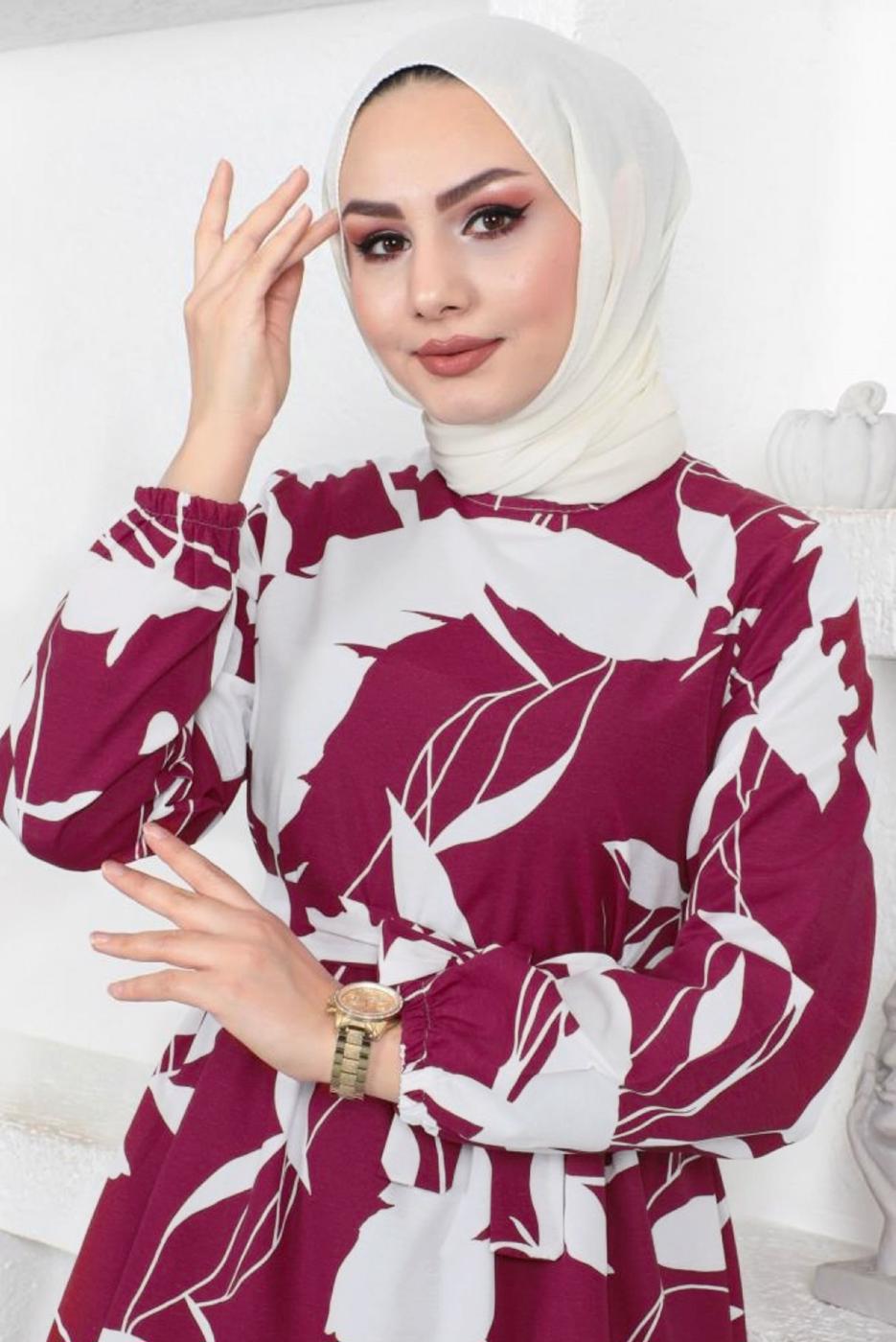 Tesettür giyim BORDO ÇİÇEK DESENLİ KUŞAKLI ELBİSE T 734