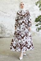 Tesettür giyim KAHVE ÇİÇEK DESENLİ KUŞAKLI ELBİSE T 734