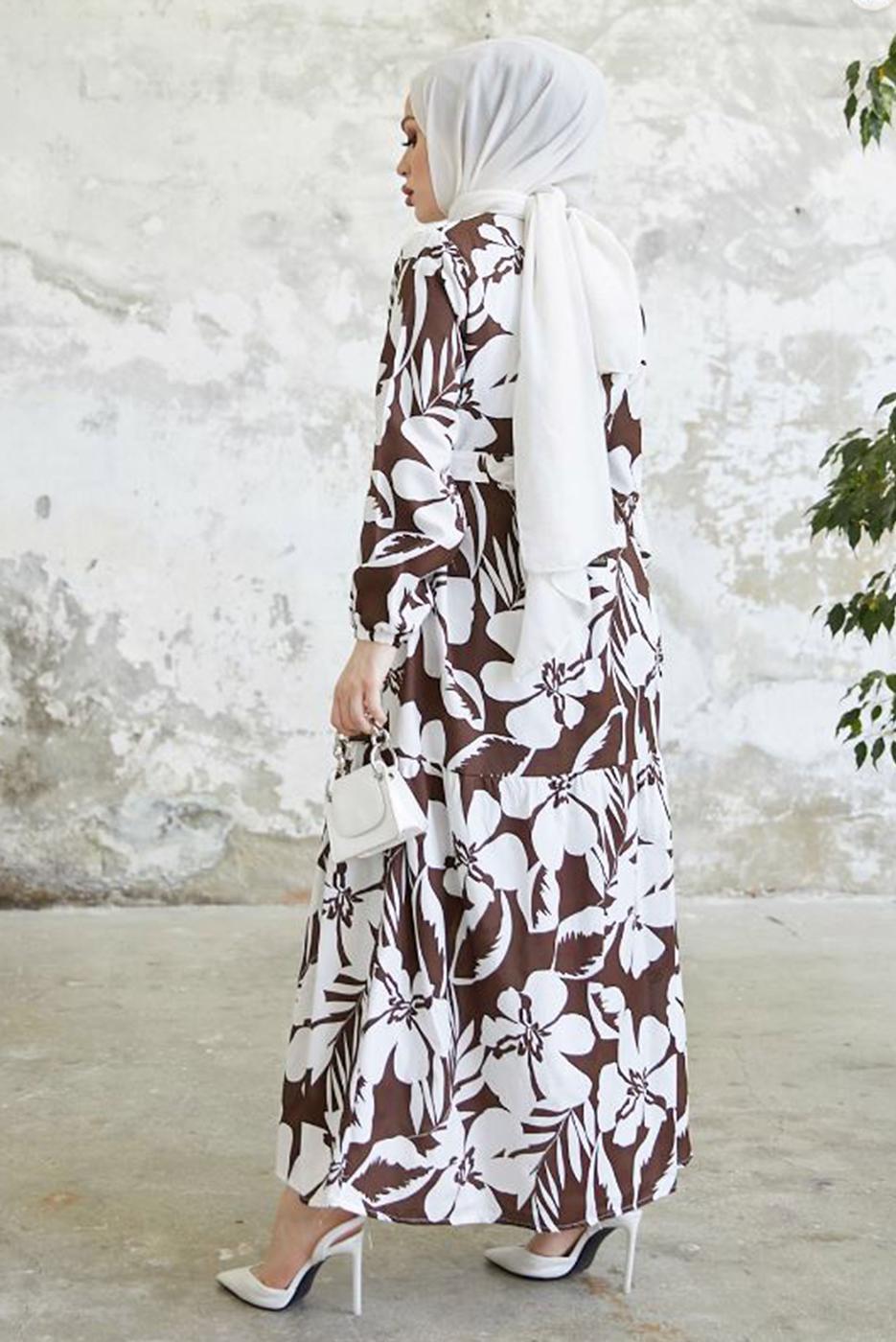 Tesettür giyim KAHVE ÇİÇEK DESENLİ KUŞAKLI ELBİSE T 734