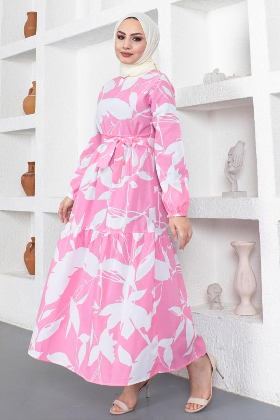 Tesettür giyim PEMBE ÇİÇEK DESENLİ KUŞAKLI ELBİSE T 734
