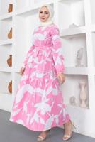 Tesettür giyim PEMBE ÇİÇEK DESENLİ KUŞAKLI ELBİSE T 734