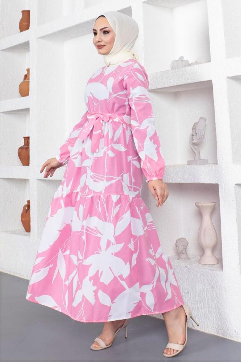 Tesettür giyim PEMBE ÇİÇEK DESENLİ KUŞAKLI ELBİSE T 734