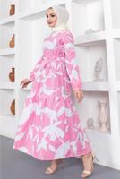Tesettür giyim PEMBE ÇİÇEK DESENLİ KUŞAKLI ELBİSE T 734