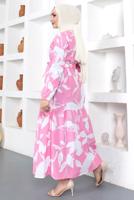 Tesettür giyim PEMBE ÇİÇEK DESENLİ KUŞAKLI ELBİSE T 734