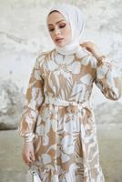 Tesettür giyim VİZON ÇİÇEK DESENLİ KUŞAKLI ELBİSE T 734