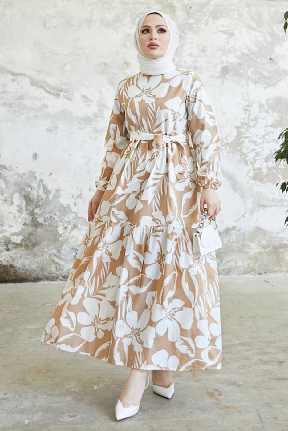Tesettür giyim VİZON ÇİÇEK DESENLİ KUŞAKLI ELBİSE T 734