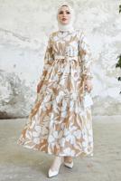 Tesettür giyim VİZON ÇİÇEK DESENLİ KUŞAKLI ELBİSE T 734