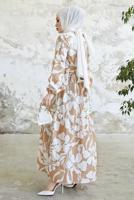 Tesettür giyim VİZON ÇİÇEK DESENLİ KUŞAKLI ELBİSE T 734