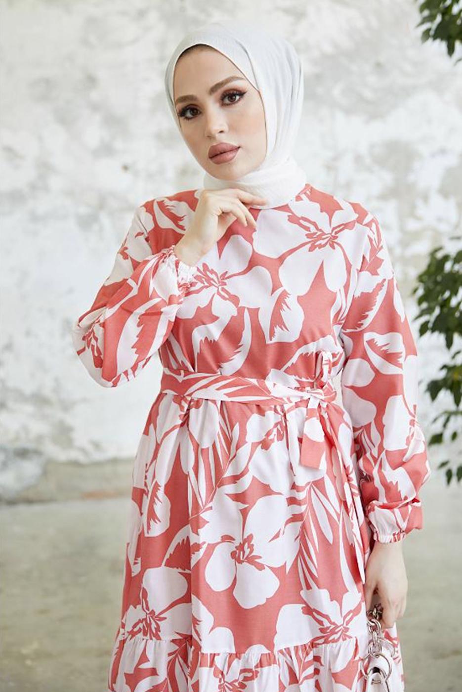 Tesettür giyim PEMBE ÇİÇEK DESENLİ KUŞAKLI ELBİSE T 734