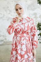 Tesettür giyim PEMBE ÇİÇEK DESENLİ KUŞAKLI ELBİSE T 734