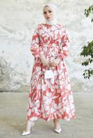 Tesettür giyim PEMBE ÇİÇEK DESENLİ KUŞAKLI ELBİSE T 734