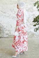 Tesettür giyim PEMBE ÇİÇEK DESENLİ KUŞAKLI ELBİSE T 734