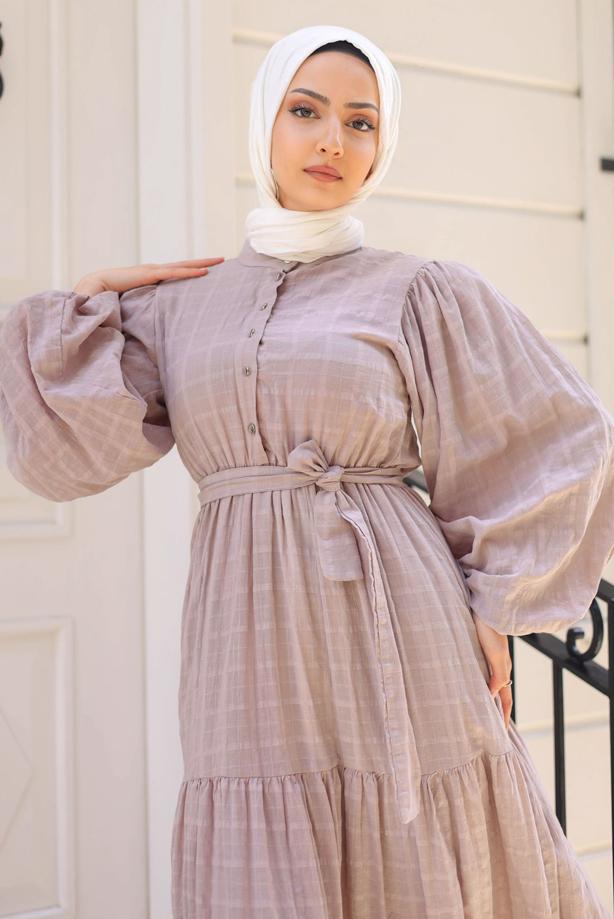 Hijab clothing  BELTED DRESS WITH BALLOON SLEEVES T 08002 - TRENDTESETTÜR