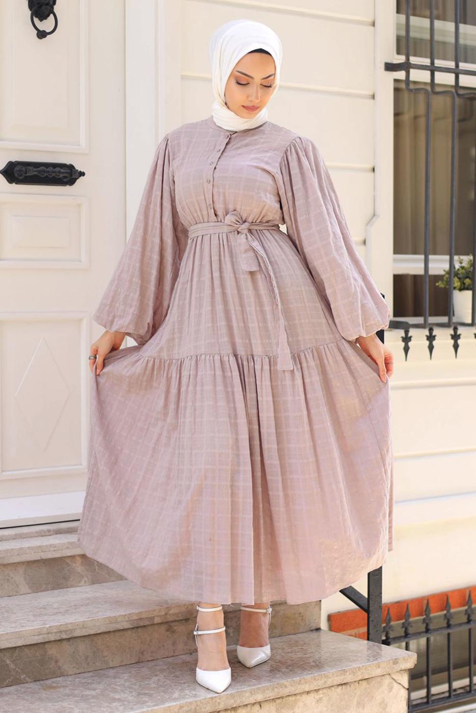 Hijab clothing POWDER BELTED DRESS WITH BALLOON SLEEVES T 08002