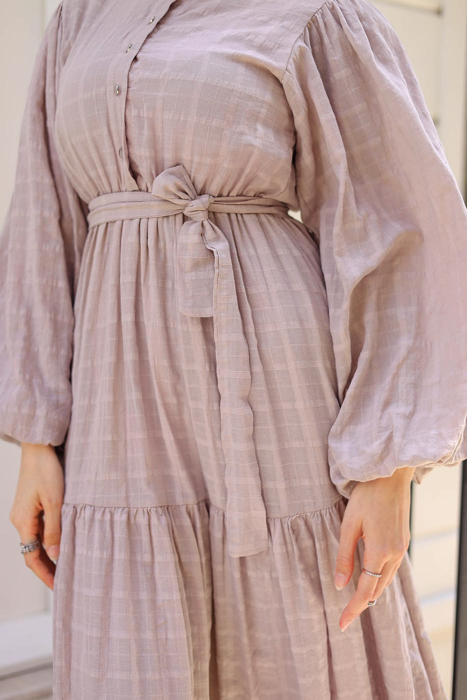 Hijab clothing POWDER BELTED DRESS WITH BALLOON SLEEVES T 08002