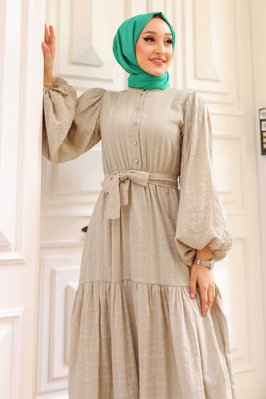 Tesettür giyim VİZON BALON KOL KUŞAKLI SALAŞ ELBİSE T 08002