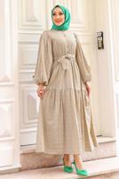 Tesettür giyim VİZON BALON KOL KUŞAKLI SALAŞ ELBİSE T 08002