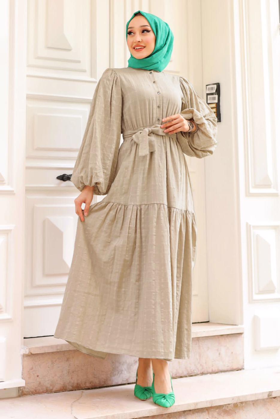 Tesettür giyim VİZON BALON KOL KUŞAKLI SALAŞ ELBİSE T 08002