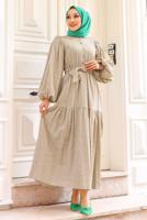 Tesettür giyim VİZON BALON KOL KUŞAKLI SALAŞ ELBİSE T 08002