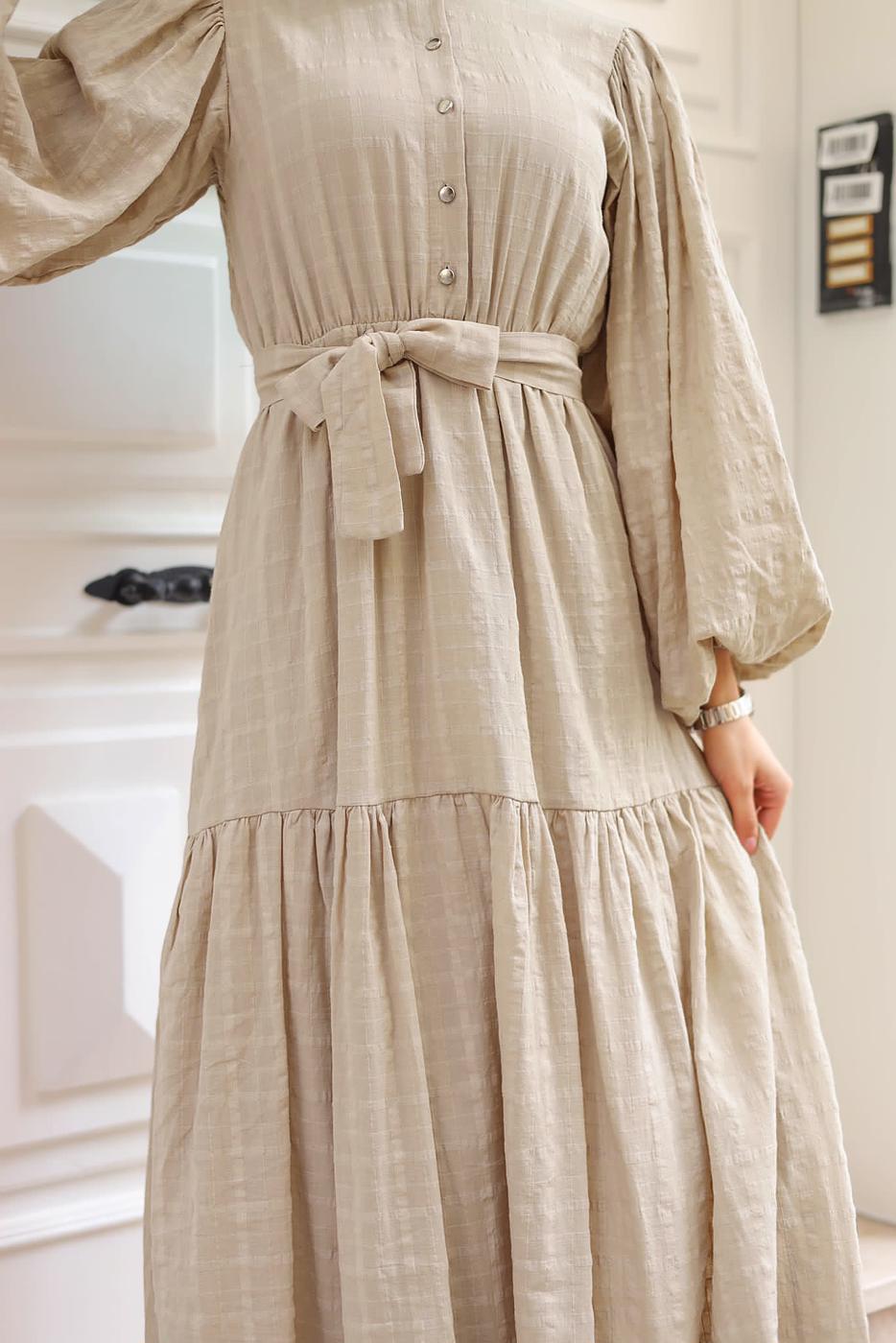 Tesettür giyim VİZON BALON KOL KUŞAKLI SALAŞ ELBİSE T 08002