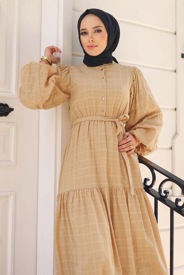 Vêtements hijab  ROBE CEINTURÉE MANCHES BALLONS T 08002 - TRENDTESETTÜR