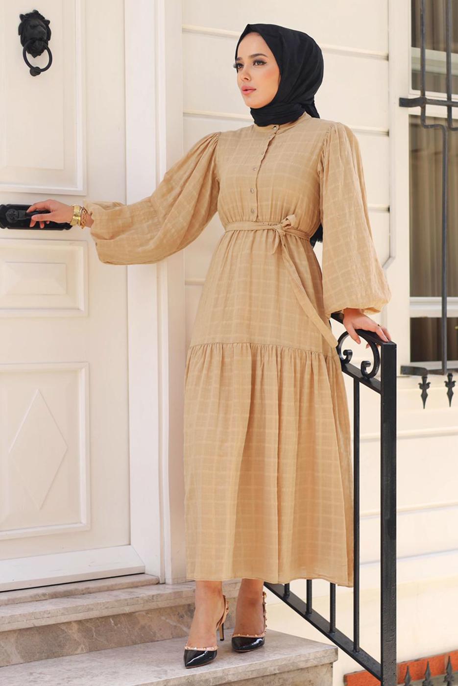 Vêtements hijab ORANGE ROBE CEINTURÉE MANCHES BALLONS T 08002